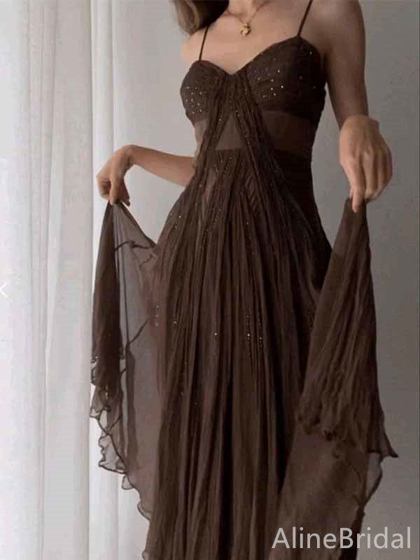 Elegant Brown V-neck Spaghetti Strap A-line Long Tulle Prom Dress,PD381951