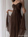 Elegant Brown V-neck Spaghetti Strap A-line Long Tulle Prom Dress,PD381951