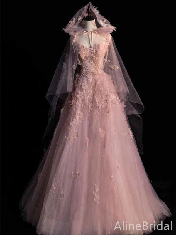 Gorgeous Light Pink Strapless Lace Appliques A-line Long Tulle Prom Ball Gown, PD381953