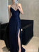 Sexy Navy Blue V-neck Lace-Up Mermaid Long Prom Dress with Slit, PD381954
