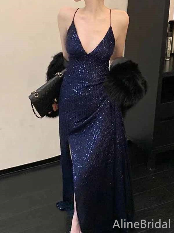 Sexy Navy Blue V-neck Lace-Up Mermaid Long Prom Dress with Slit, PD381954
