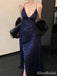 Sexy Navy Blue V-neck Lace-Up Mermaid Long Prom Dress with Slit, PD381954