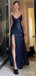 Sexy Navy Blue V-neck Lace-Up Mermaid Long Prom Dress with Slit, PD381954