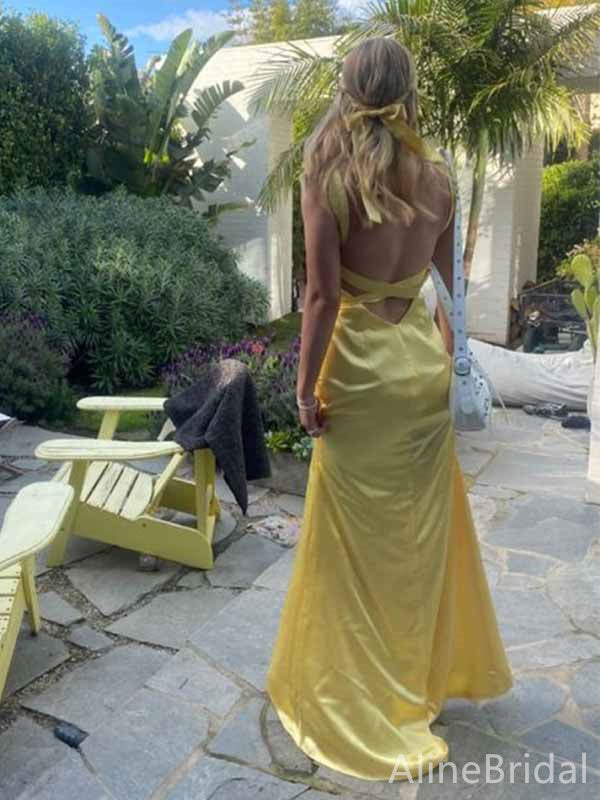 Sexy Yellow V-neck Straps Backless Mermaid Long Prom Dress, Navy Evening Dress, PD381955