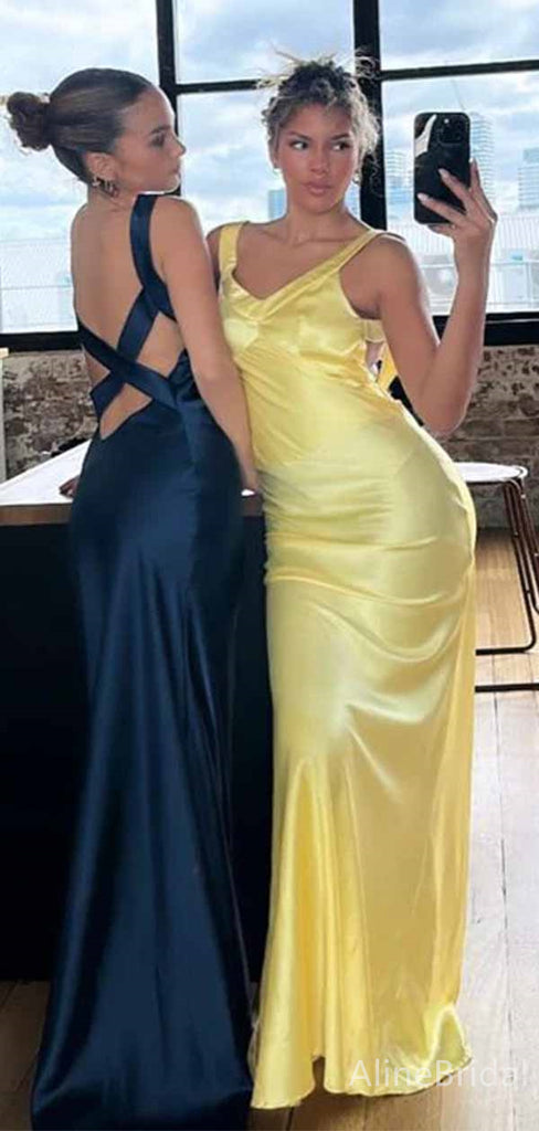 Sexy Yellow V-neck Straps Backless Mermaid Long Prom Dress, Navy Evening Dress, PD381955