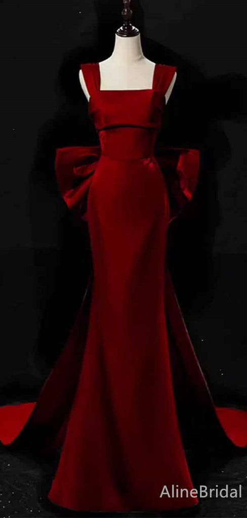 Stunning  Red Square Straps Long Mermaid Prom Dress with Bow Detailing, PD381956