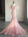 Elegant Pastel Pink V-neck Off-the-Sholder Long Mermaid Tulle Prom Ball Gown with Train, PD381959