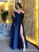 Elegant Navy Blue V-neck Off-the-Shoulder A-line Long Prom Dress with Slit, Evening Dress,PD381962