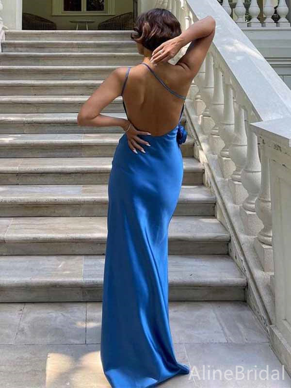 Elegant One-Shoulder Royal Blue Spaghetti Strap Backless Side-Slit Mermaid Long Prom Dress, Evening Dress, PD381963