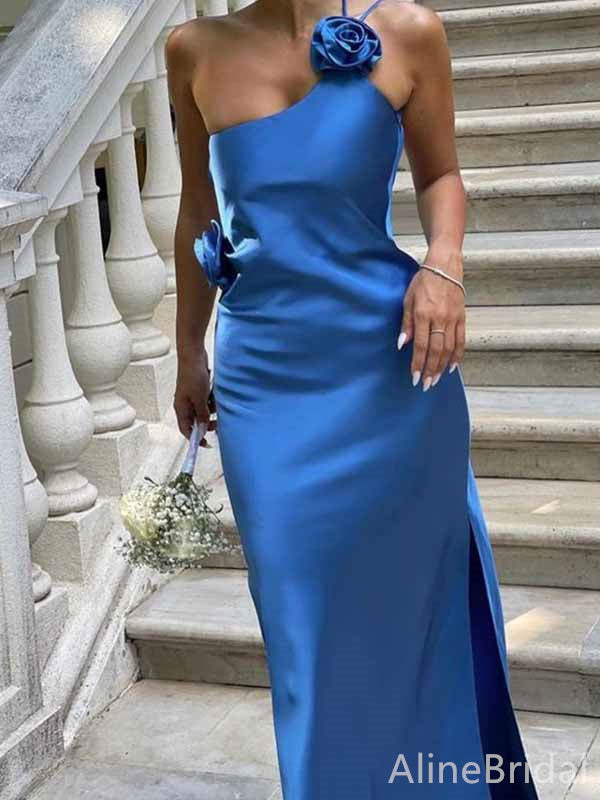 Elegant One-Shoulder Royal Blue Spaghetti Strap Backless Side-Slit Mermaid Long Prom Dress, Evening Dress, PD381963