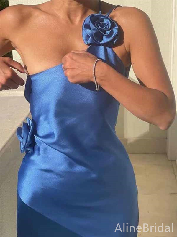 Elegant One-Shoulder Royal Blue Spaghetti Strap Backless Side-Slit Mermaid Long Prom Dress, Evening Dress, PD381963