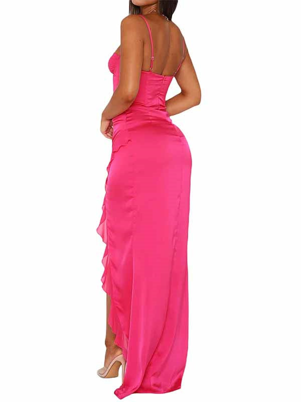 Elegant Hot Pink Sweetheart Ruffles Long Prom Dress with Slit, Evening Dress, PD381957