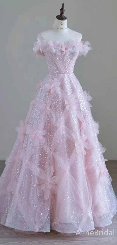 Shimmery 3-D Floral Pink Strapless Appliques A-line Long Prom Ball Gown, Evening Gown, PD381964