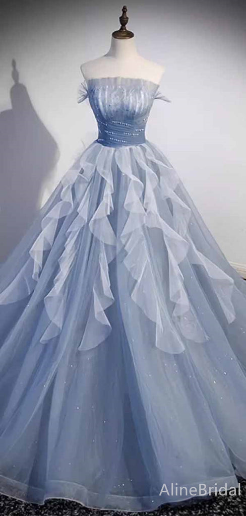 Gorgeous Blue Strapless A-line Long Prom Ball Gown with Long Mesh Sleeve, PD381966