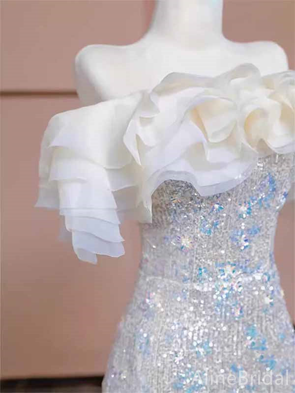 Sparkly Silver Sequins Off-the-Shoulder Strapless Long Mermaid Prom Dress, Evening Dress, PD381970