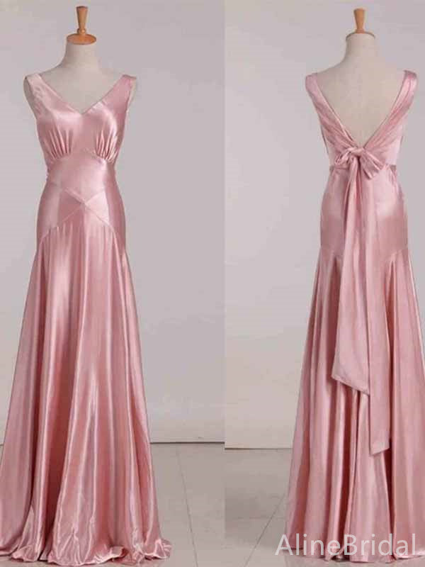 Elegant Pink V-neck Long Prom Dress with Bow Detailing, Evening Dress, PD381971