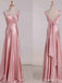 Elegant Pink V-neck Long Prom Dress with Bow Detailing, Evening Dress, PD381971
