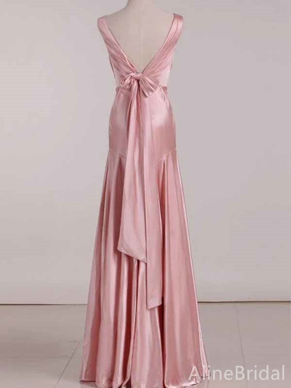 Elegant Pink V-neck Long Prom Dress with Bow Detailing, Evening Dress, PD381971