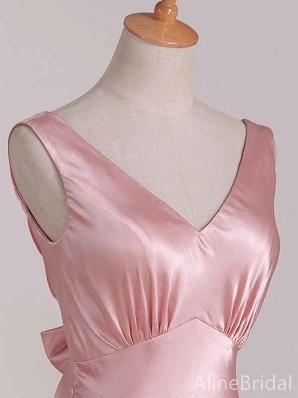 Elegant Pink V-neck Long Prom Dress with Bow Detailing, Evening Dress, PD381971