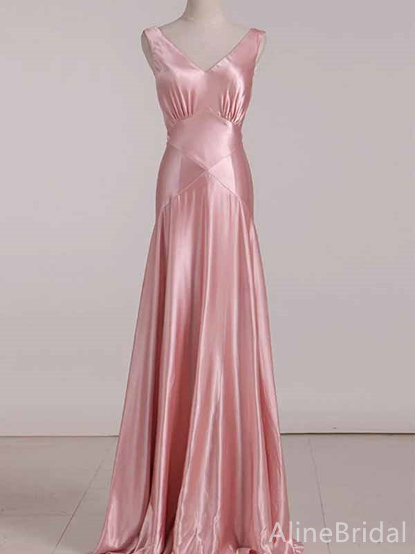 Elegant Pink V-neck Long Prom Dress with Bow Detailing, Evening Dress, PD381971
