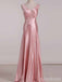 Elegant Pink V-neck Long Prom Dress with Bow Detailing, Evening Dress, PD381971