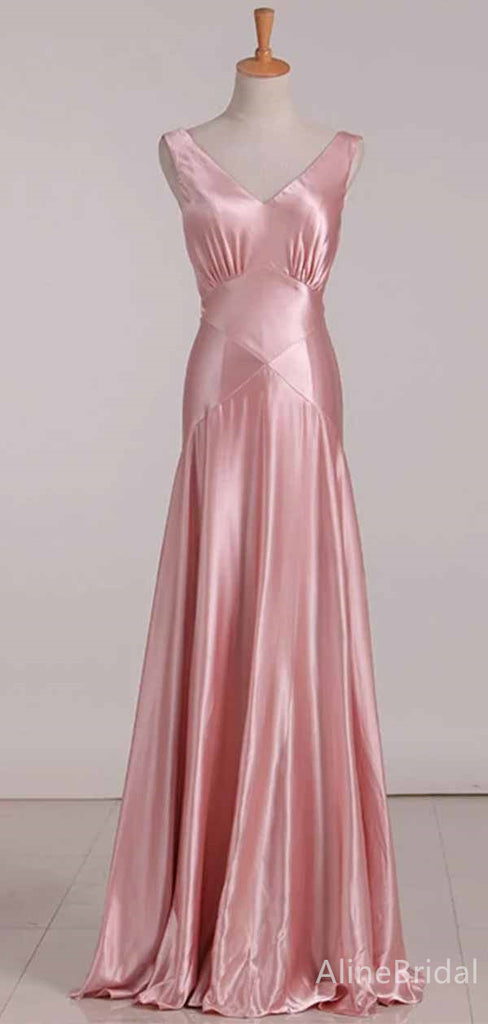 Elegant Pink V-neck Long Prom Dress with Bow Detailing, Evening Dress, PD381971