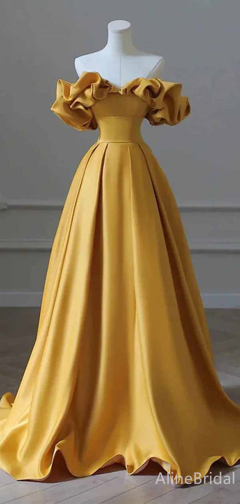 Gorgeous Yellow V-neck Ruffles Strapless A-line Long Ball Gown, Evening Gown, PD381976