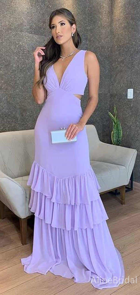 Elegant Purple V-neck Ruffles A-line Long Tiered Prom Dress, Evening Dress, PD381979