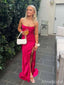 Elegant Red Spaghetti Strap Side-Slit Mermaid Long Prom Dress, PD381980