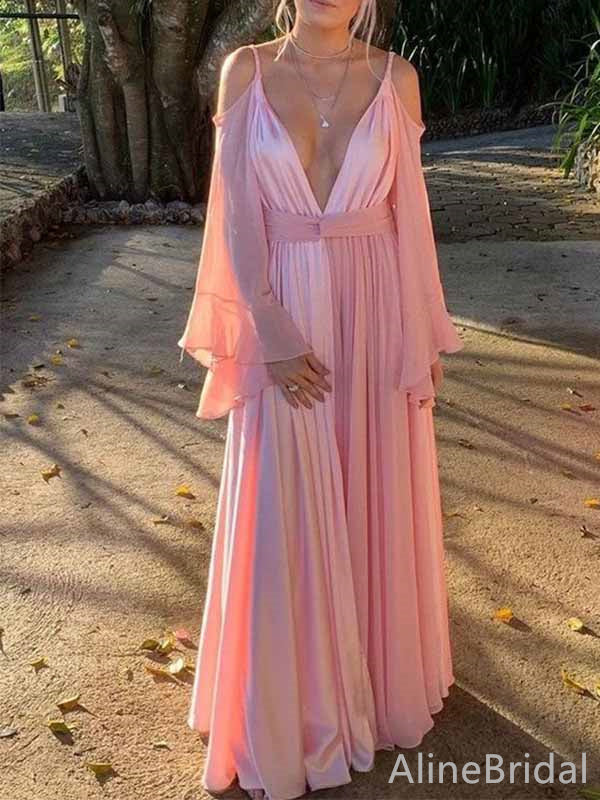 Sexy Pink V-neck Spaghetti Strap Long Sleeves A-line Long Prom Dress, Evening Dress, PD381981
