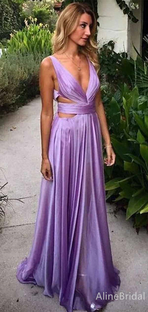 Sexy Purple V-neck Backless A-line Long Prom Dress, Fall Evening Gown, PD381982