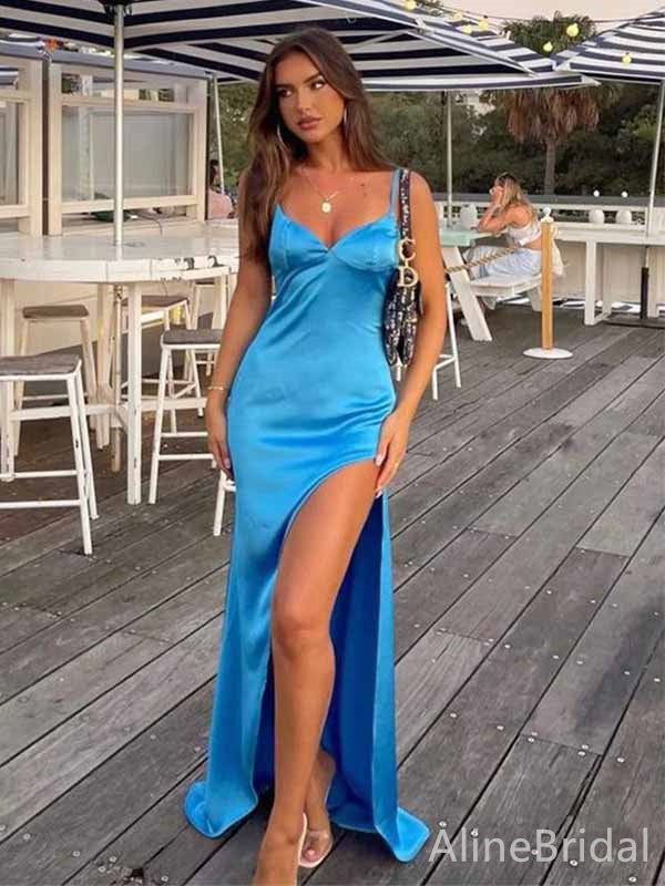 Sexy Blue V-neck Spaghetti Strap Mermaid Long Prom Dress with Side-Slit, Evening Dress, PD381987