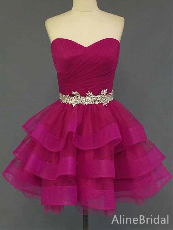 Elegant Sweetheart Strapless Hot Pink A-line Short Tulle Homecoming Dress, HD328006