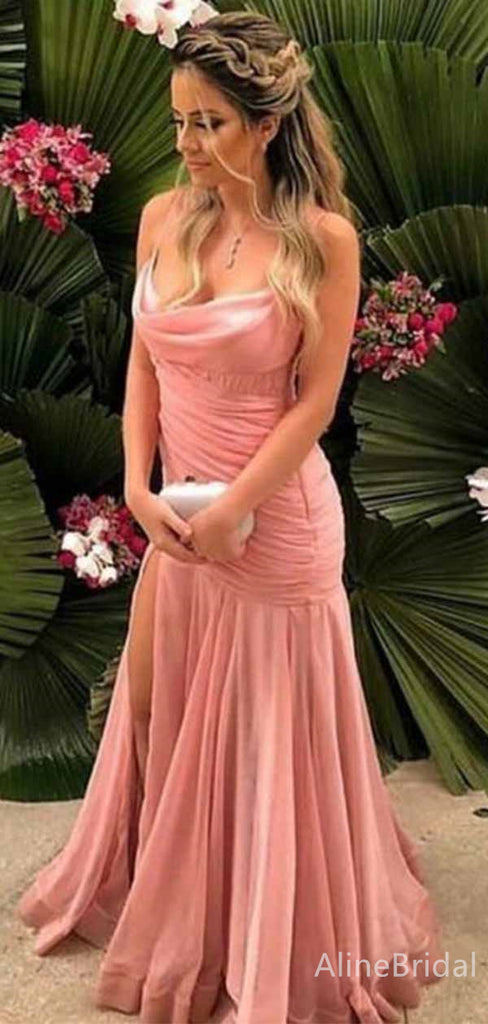 Elegant Pink Cowl Neck Spaghetti Strap Mermaid Long Prom Dress, PD381989