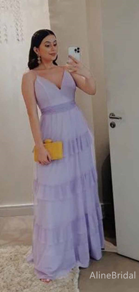Elegant Purple V-neck Spaghetti Strap A-line Long Layered Tulle Prom Dress,PD381990