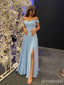 Elegant Pale Blue Off-the-Shoulder Side-Slit A-line Long Prom Dress, Party Dress, PD381992