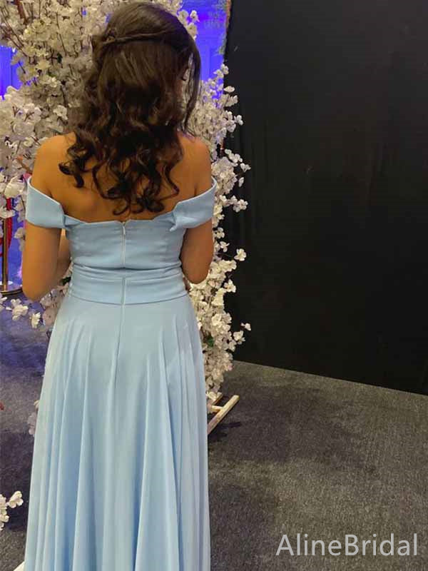 Elegant Pale Blue Off-the-Shoulder Side-Slit A-line Long Prom Dress, Party Dress, PD381992