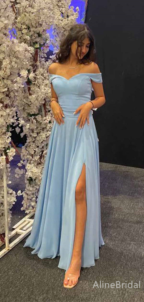 Elegant Pale Blue Off-the-Shoulder Side-Slit A-line Long Prom Dress, Party Dress, PD381992