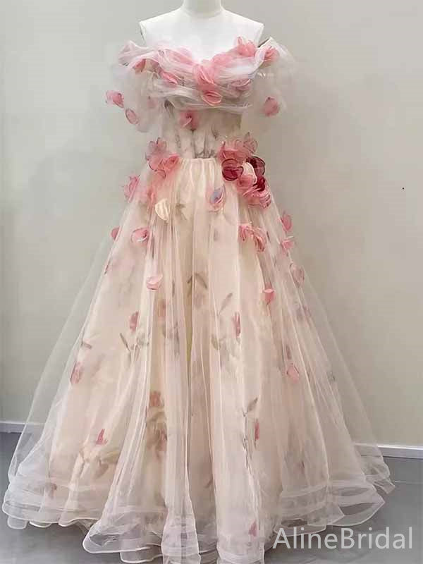 Gorgeous Light Pink 3-D Floral V-neck Strapless Appliques A-line Long Tulle Prom Dress, PD381996