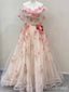 Gorgeous Light Pink 3-D Floral V-neck Strapless Appliques A-line Long Tulle Prom Dress, PD381996
