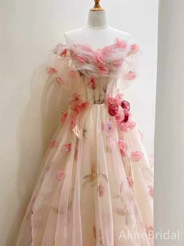 Gorgeous Light Pink 3-D Floral V-neck Strapless Appliques A-line Long Tulle Prom Dress, PD381996