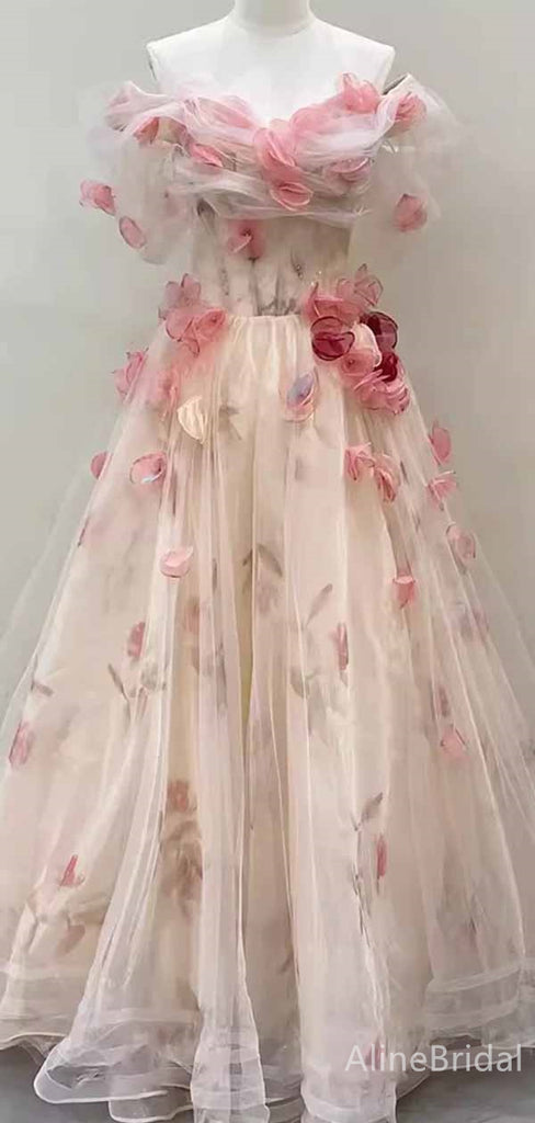 Gorgeous Light Pink 3-D Floral V-neck Strapless Appliques A-line Long Tulle Prom Dress, PD381996