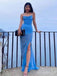Sexy Blue Side Cut-Out Mermaid Long Tulle Prom Dress with Side-Slit, PD381999