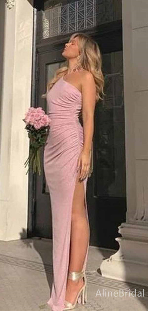 Elegant Pink One Shoulder Side Slit Mermaid Long Prom Dress,PD382003