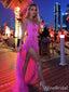 Elegant Hot Pink Feather Strapless High Slit Prom Dress, PD382007