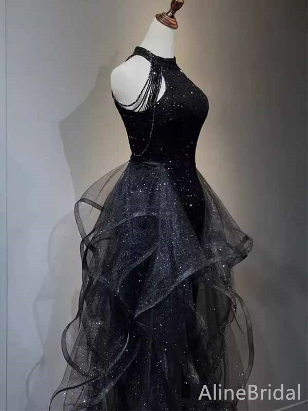 Sparkly Black Halter A-line Long Layered Tulle Prom Dress, Evening Dress, PD382009