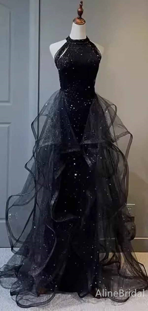 Sparkly Black Halter A-line Long Layered Tulle Prom Dress, Evening Dress, PD382009