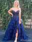 Gorgeous Navy Blue V-neck Strapless Corset A-line Long Tiered Prom Dress with Slit, PD382010