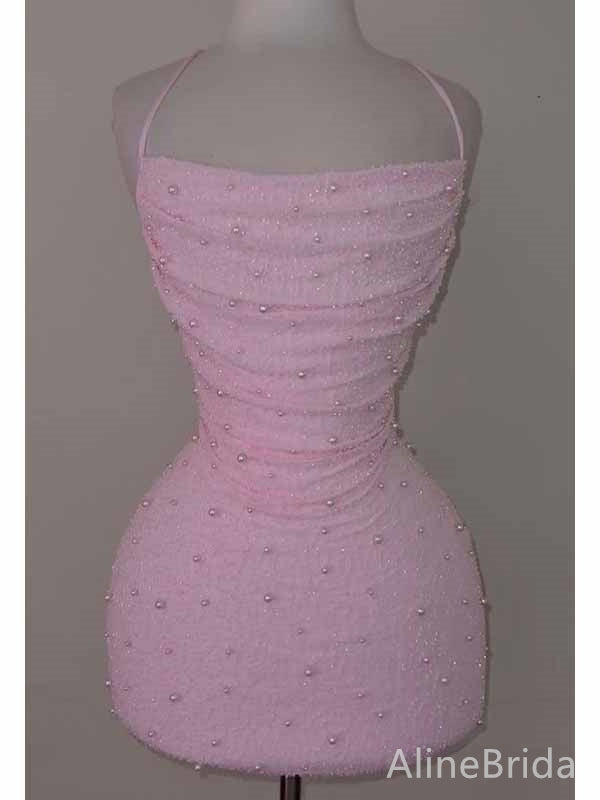 Elegant Pink Beadings Spaghetti Strap Tight Short Homecoming Dress, HD328009