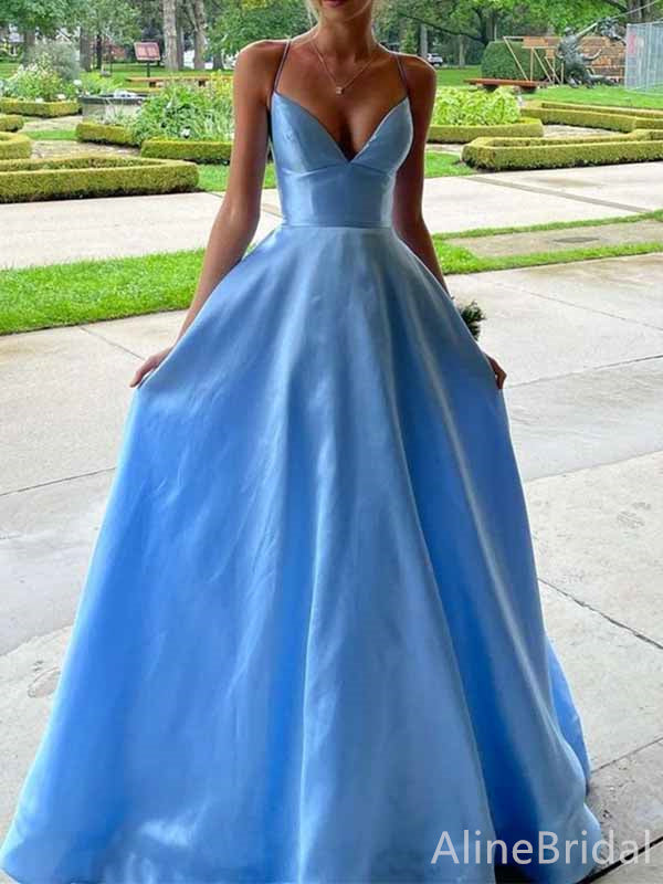 Simple Blue V-neck Spaghetti Strap A-line Long Prom Dress, Evening Gown, PD382022
